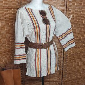 Vintage 1970s Boho Hippie Sweater, Cream, Striped Knit, Women’s Top M